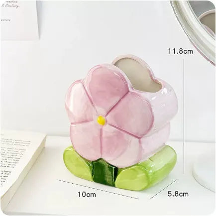 Ceramic flower pen holder storage box with tulip design for desktop organisation