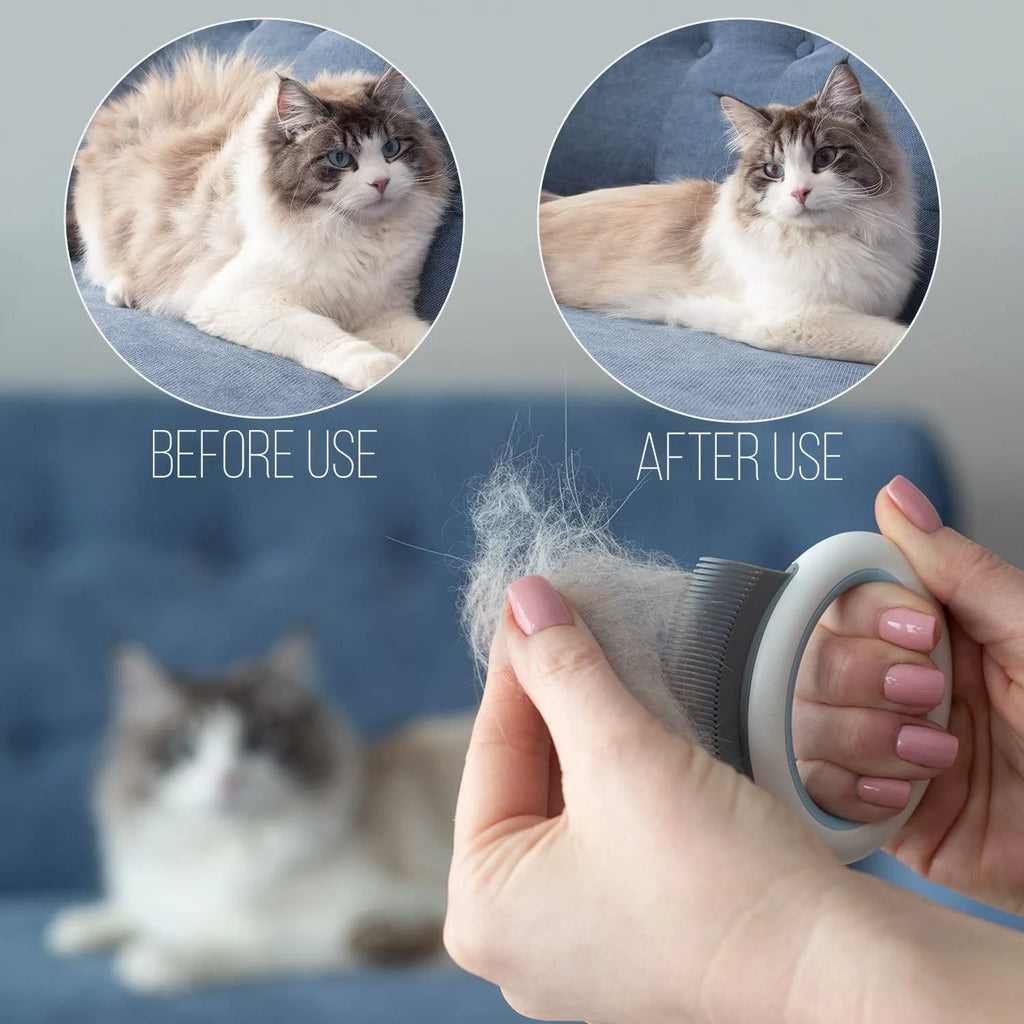 Small blue pet grooming comb with ergonomic handle for cat and dog hair removal