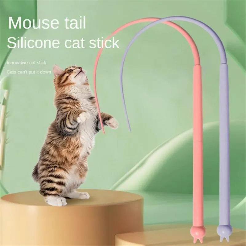 Simulated mouse tail cat toy with blue silicone tail and cat head handle for interactive play