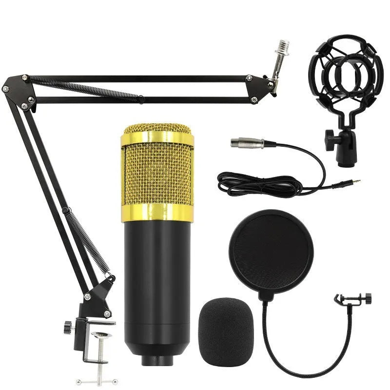 BM800 capacitor microphone set with cantilever bracket for mobile phone recording in black and gold colour