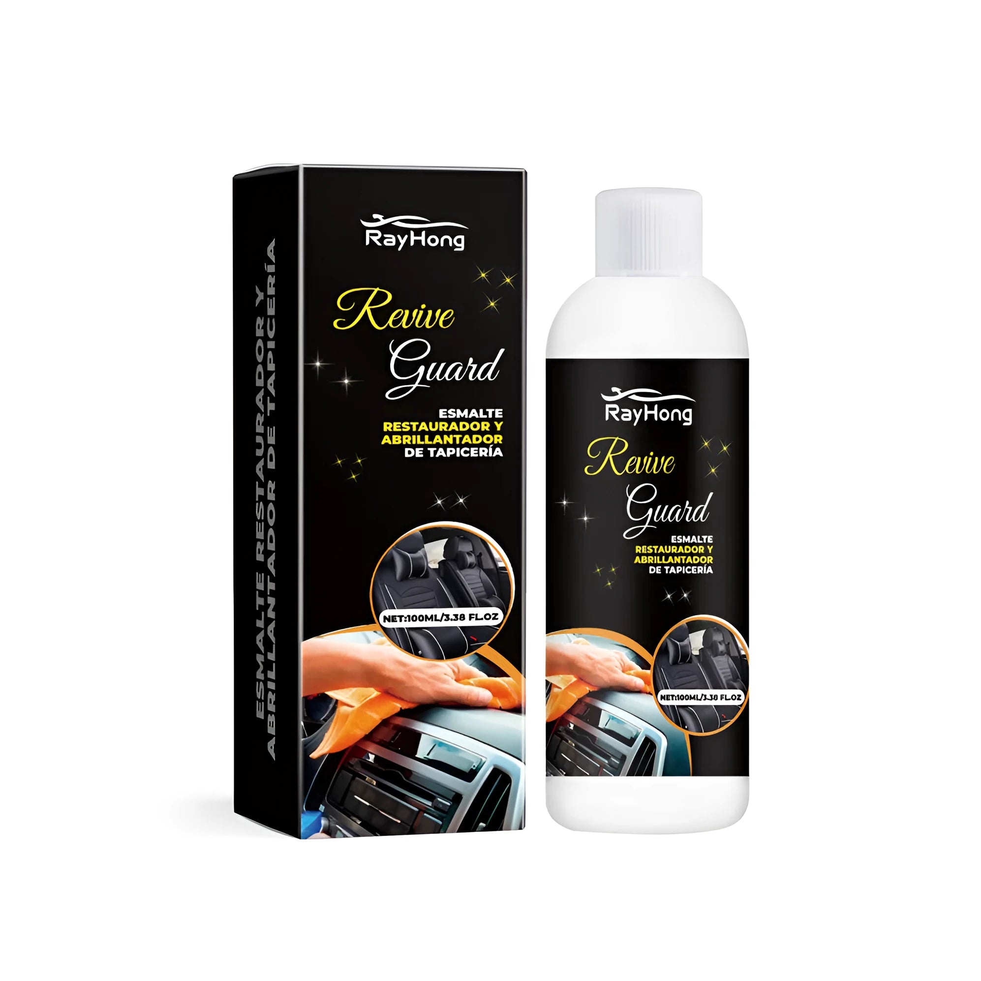 Compact box of automotive polish for car leather and dashboard maintenance.
