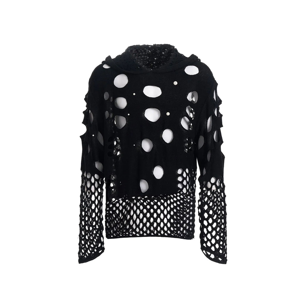 Black men's hooded sweater with hollow knit pattern and pearl decorative details on the front.
