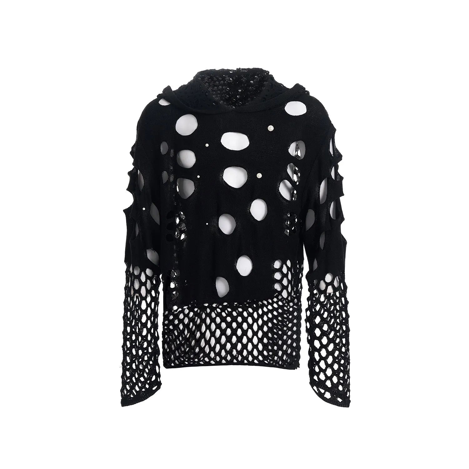 Black men's hooded sweater with hollow knit pattern and pearl decorative details on the front.