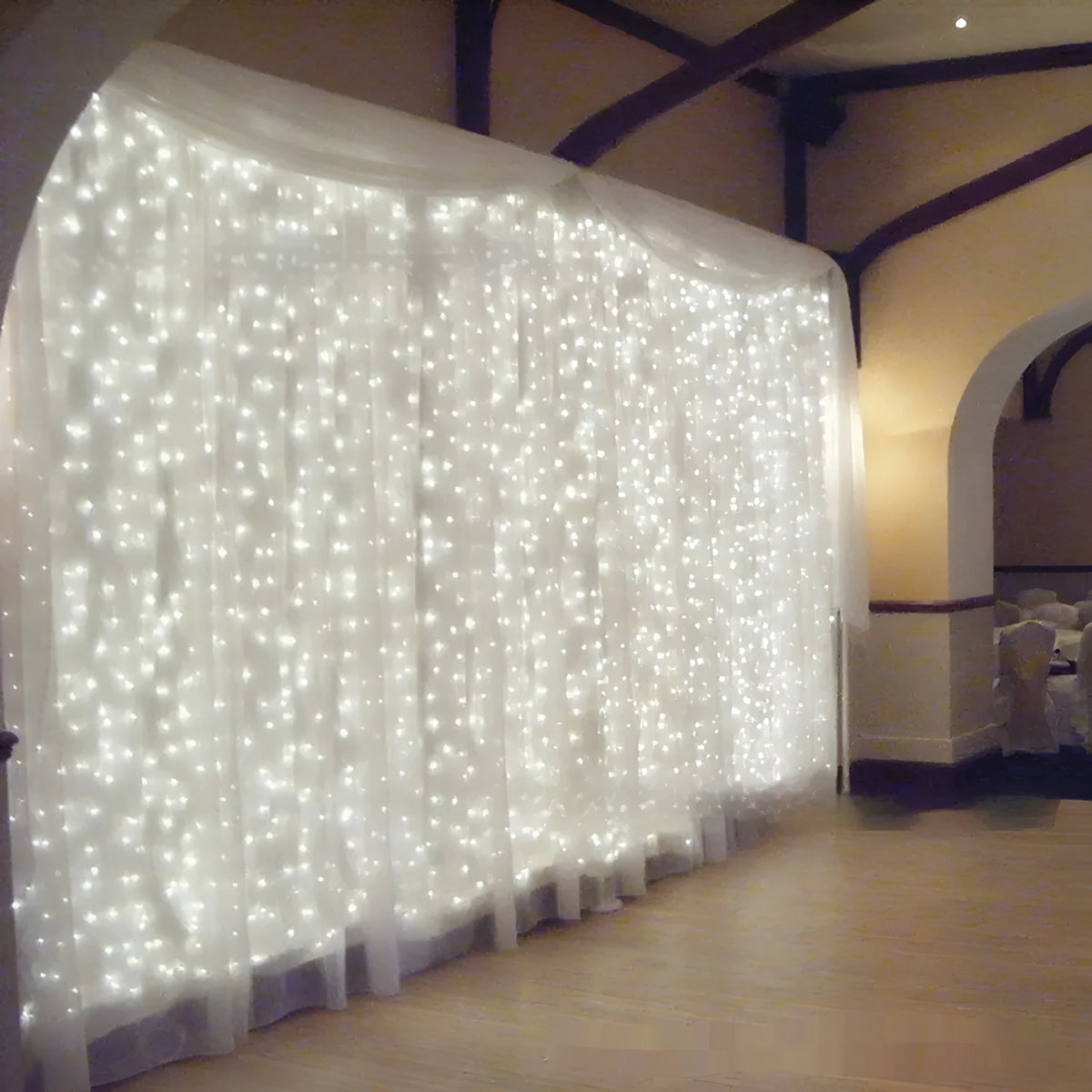 3 metre 300 LED curtain string lights with flower-shaped bulbs, PVC shell, IP44 rated, colourful and white colour options on dark background