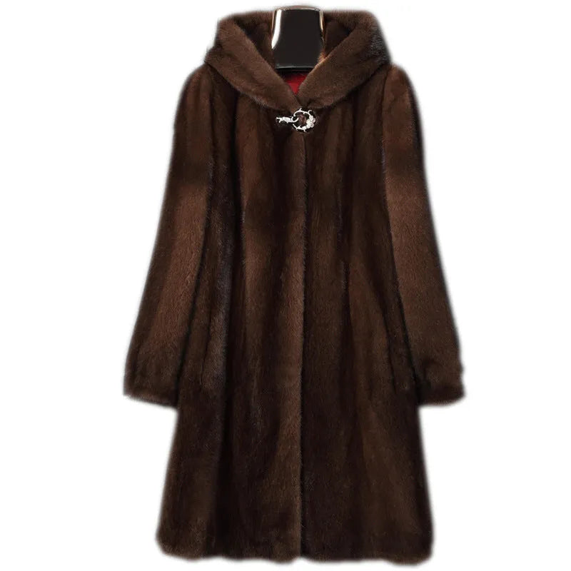 Women's black faux fur hooded casual coat for autumn and winter street fashion.