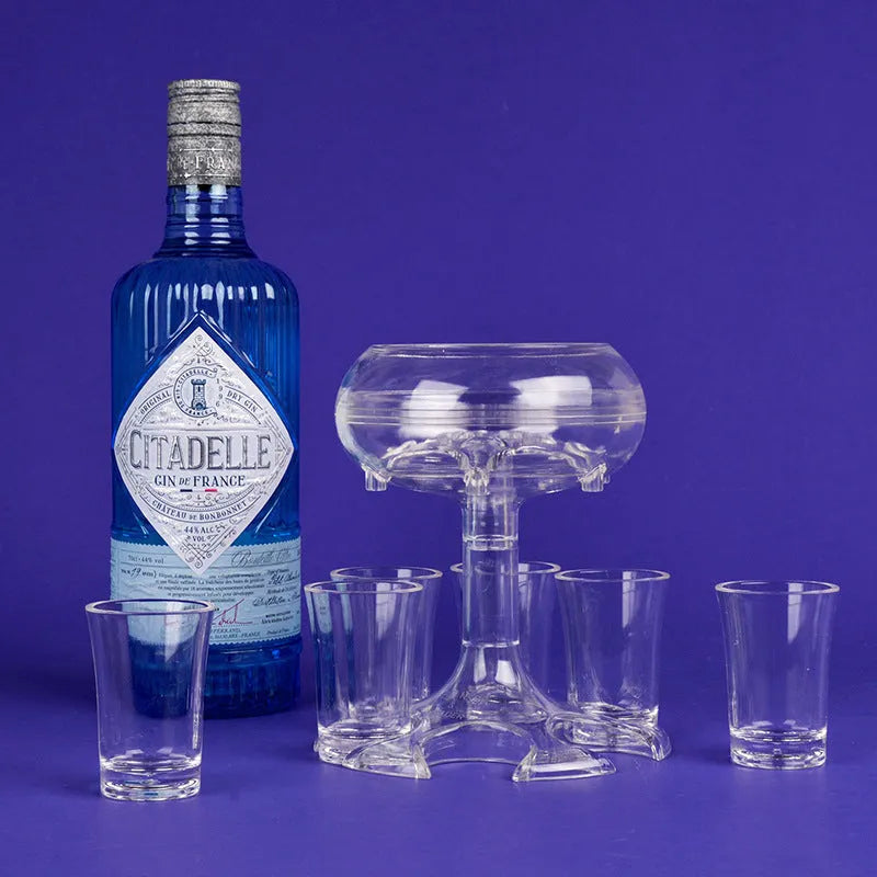 Clear PMMA 6-shot glass dispenser rack holding six shot glasses, a bar accessory for parties.