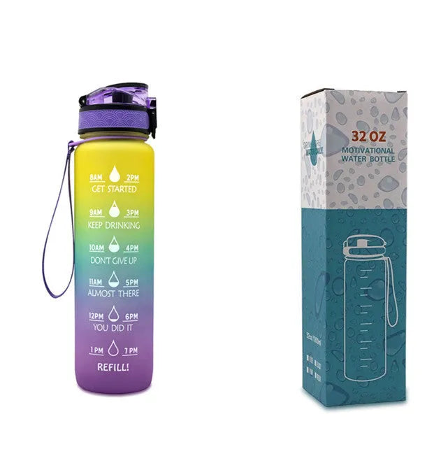 Blue and red gradient 1 litre Tritan sports water bottle with time markers and flip-top lid