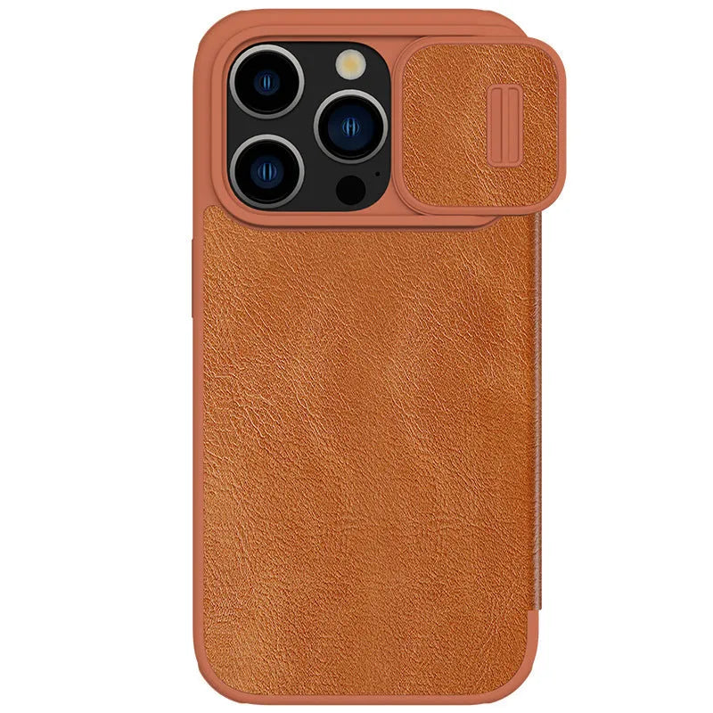 Imitation leather flip phone case for iPhone 14 Pro Max and iPhone 15 models in black, brown or red