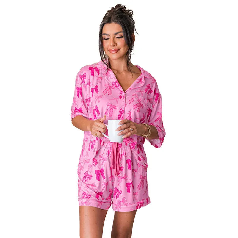 Pink women's bow print pajama set with top and trousers