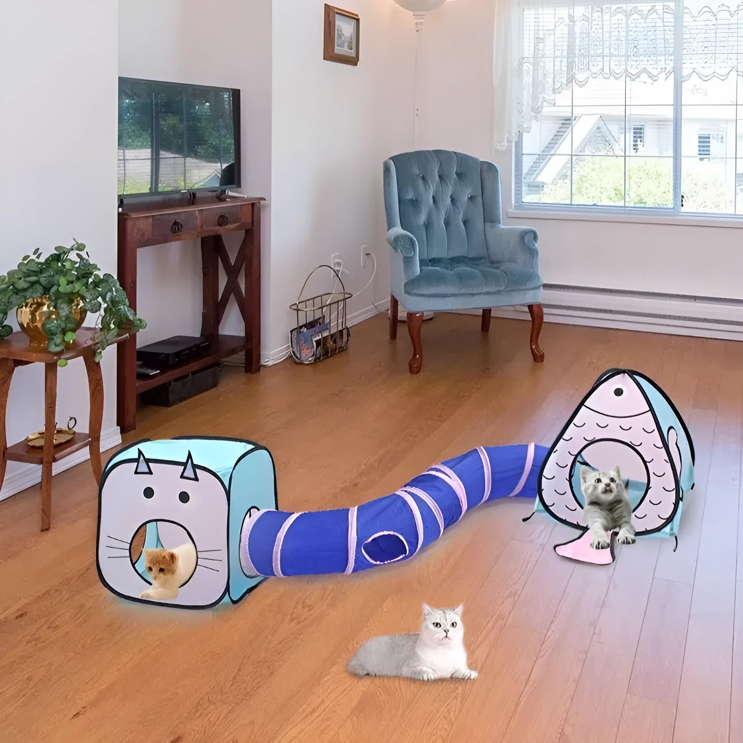 Foldable pet tent and cat tunnel three-piece set with cat and fish design