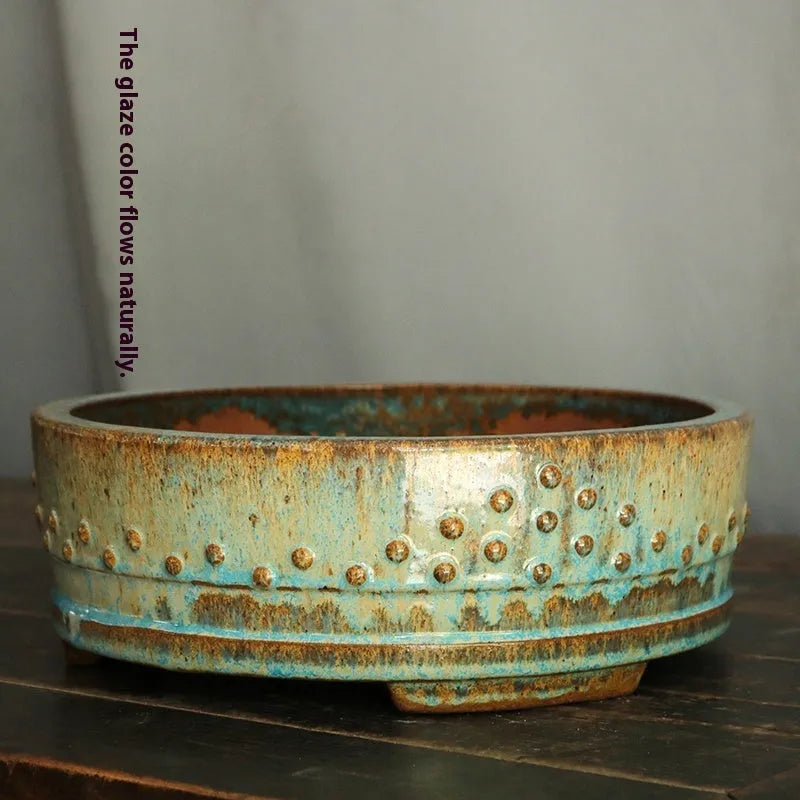 Purple sand handmade round drum ceramic flower pot with high-temperature firewood glaze