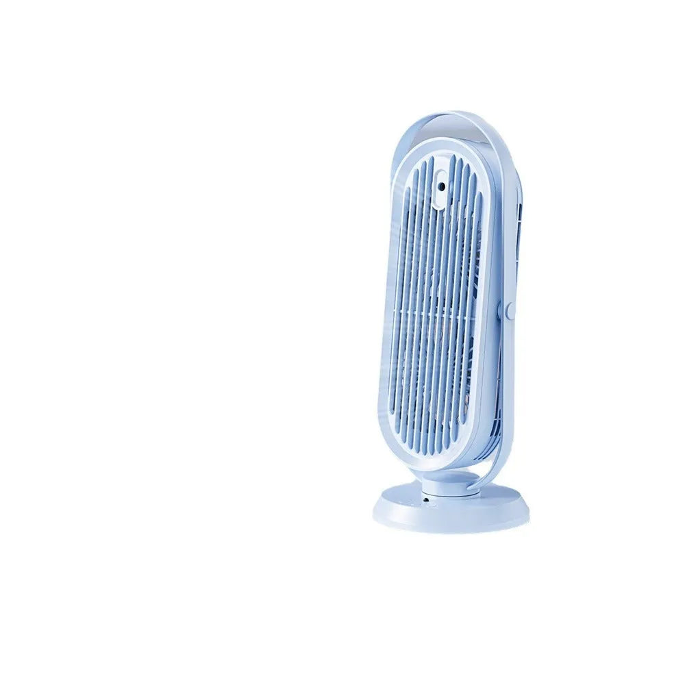 White desktop USB tower fan with humidifier function and remote control on office desk