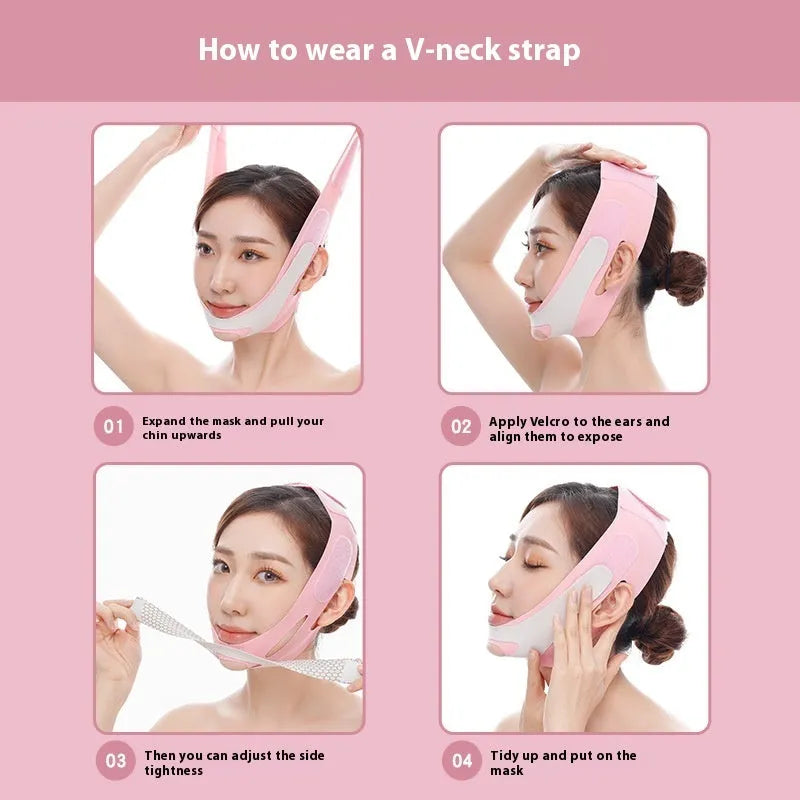 Pink or black elastic V-shaped face bandage for jawline contouring and facial support