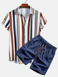 Man wearing a casual digital print short sleeve shirt and matching shorts, a polyester elastic suit set.