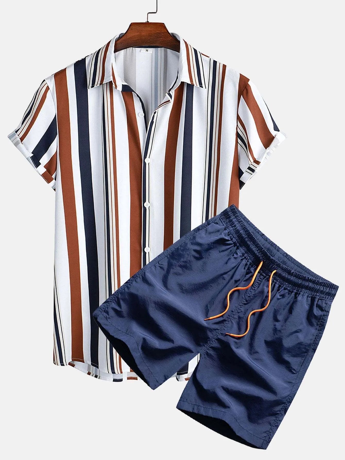 Man wearing a casual digital print short sleeve shirt and matching shorts, a polyester elastic suit set.