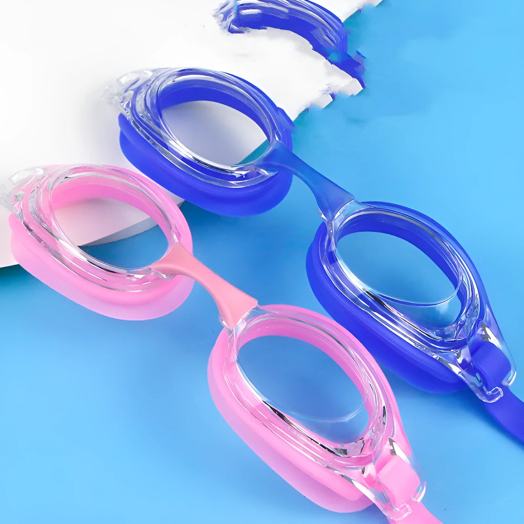 Myopia swimming goggles with prescription lenses and a matching hard protective case.