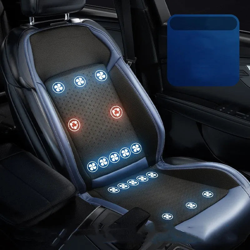 Minimalist black car seat cooling pad with USB-powered ventilation system for summer driving