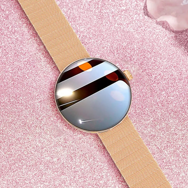 Women's smart watch with circular colour screen, metal strap, and aluminium alloy case