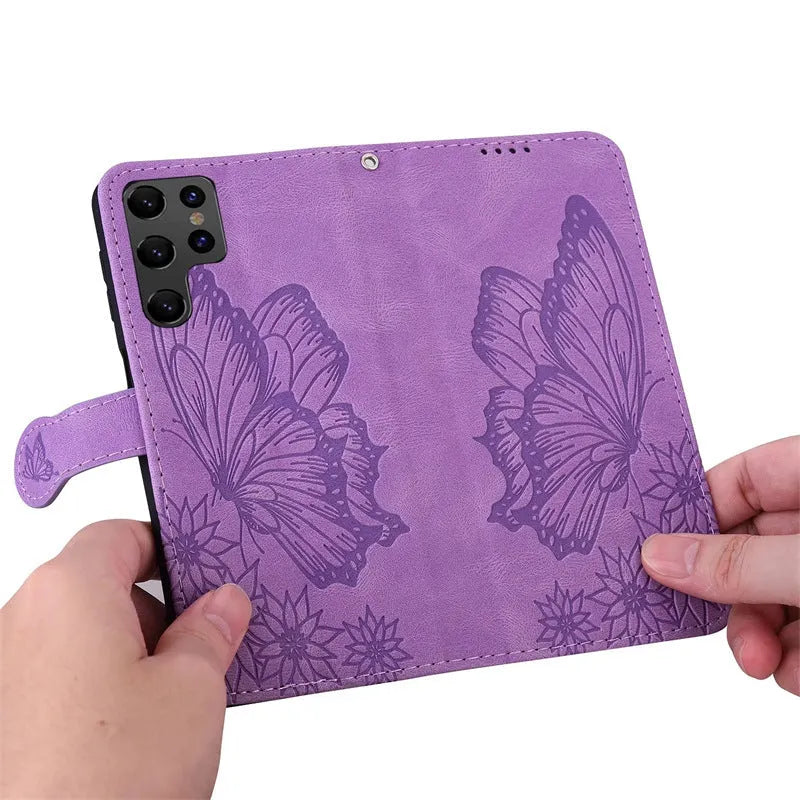 Retro big bowknot embossed leather phone case in purple with built-in bracket for iPhone and Samsung models
