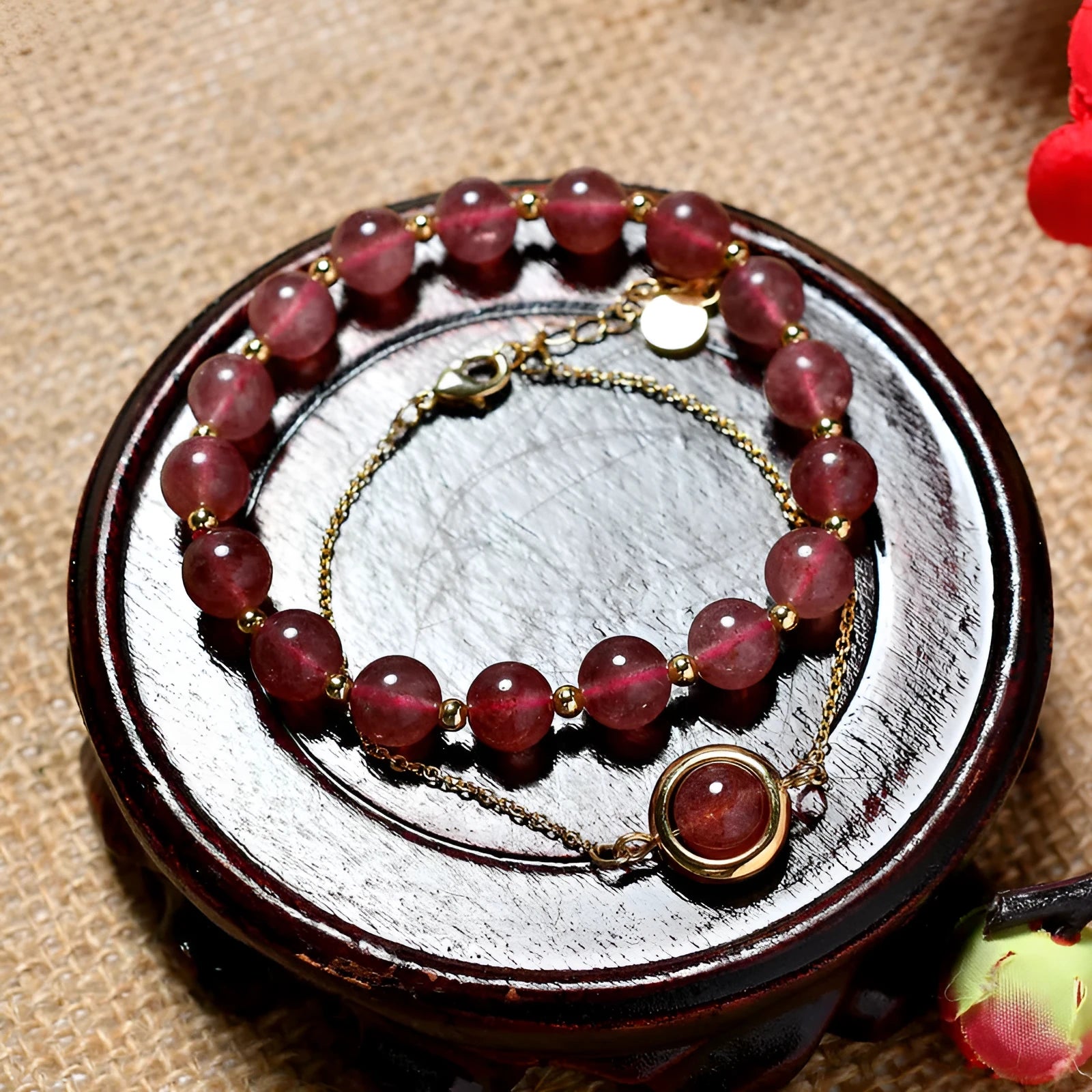 Double-layer women's crystal bracelet with electroplated gold finish and lucky beads on wrist