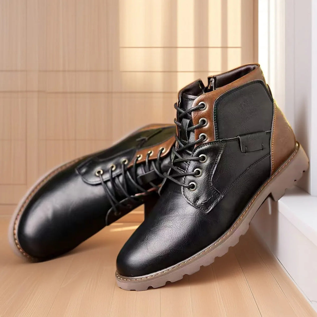 Men's brown ankle boots with side zip fastening and round toe design on rubber sole