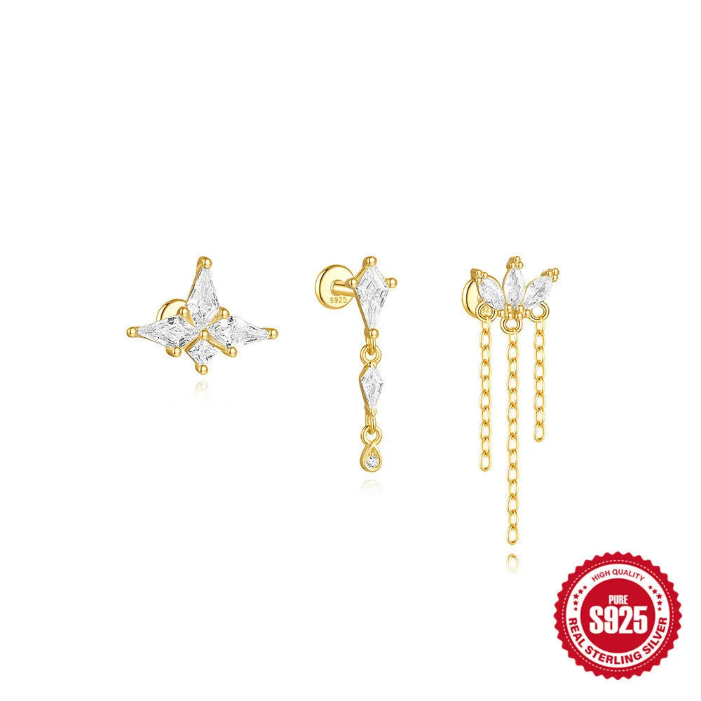 S925 sterling silver geometric kite-shaped flat head earring with chain tassel and rhinestones in a gold electroplated finish.