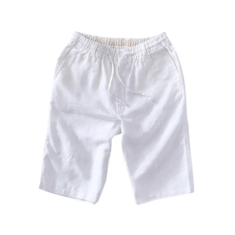 Men's thin linen casual trousers in a loose, straight-leg beach capri style, shown in multiple colour options.