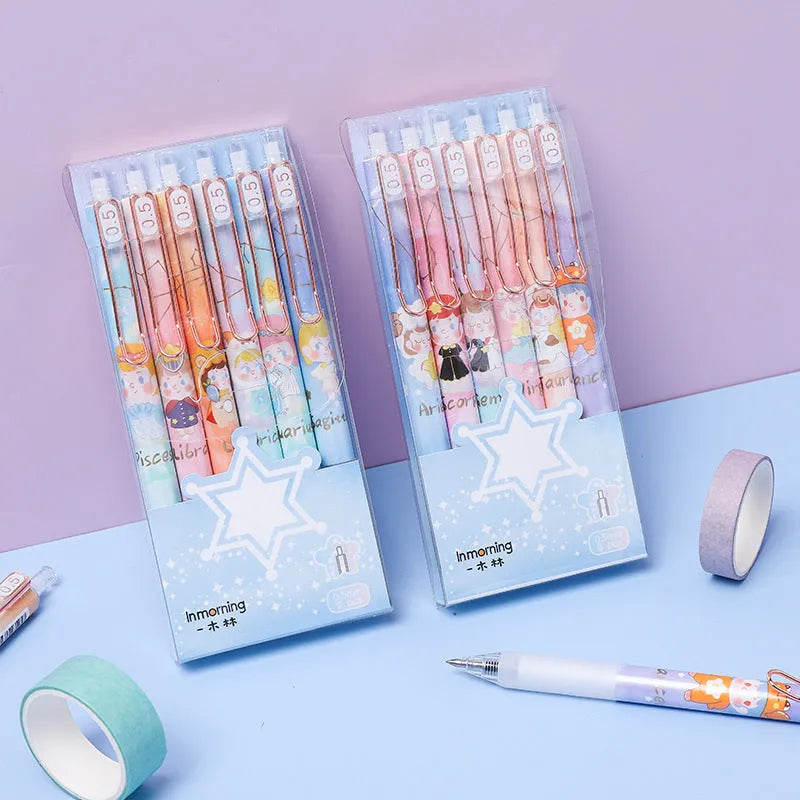 Set of six constellation-themed press gel pens with 0.5mm tips and cartoon zodiac designs.
