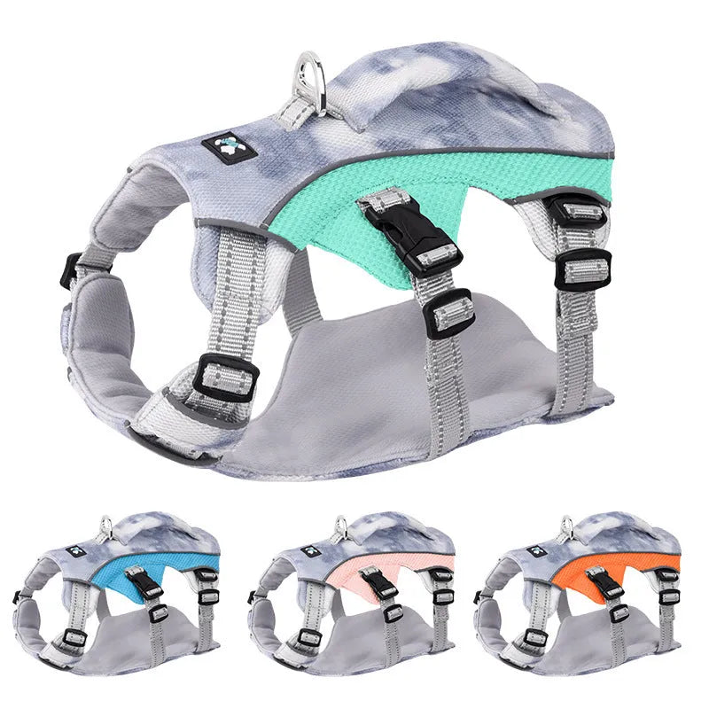 Reflective pet cooling chest strap in polyester material with adjustable design