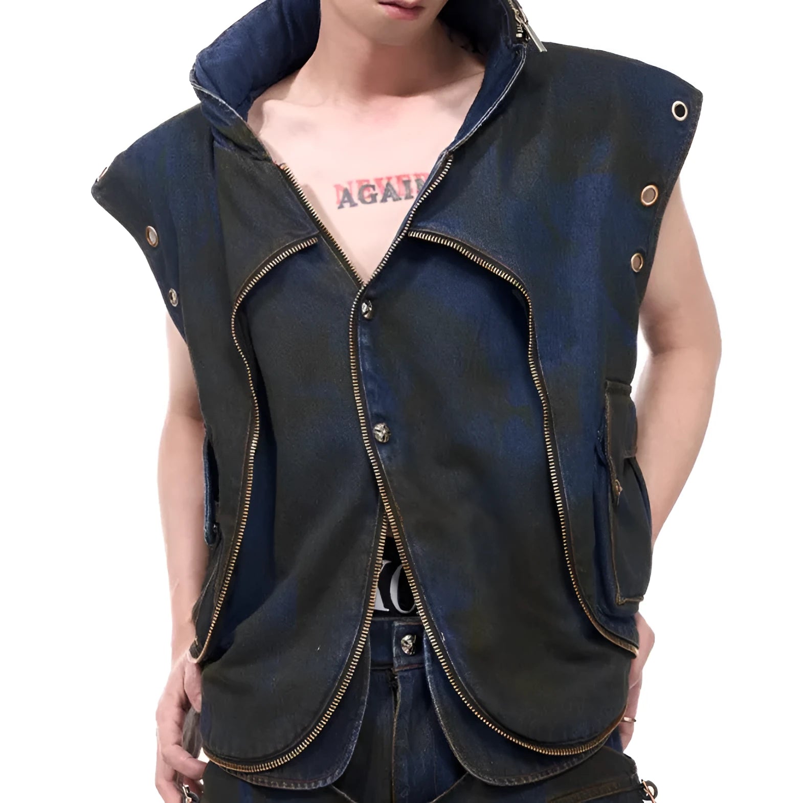 Blue Korean style hooded denim vest with matching trousers, zip-front closure, regular length cut