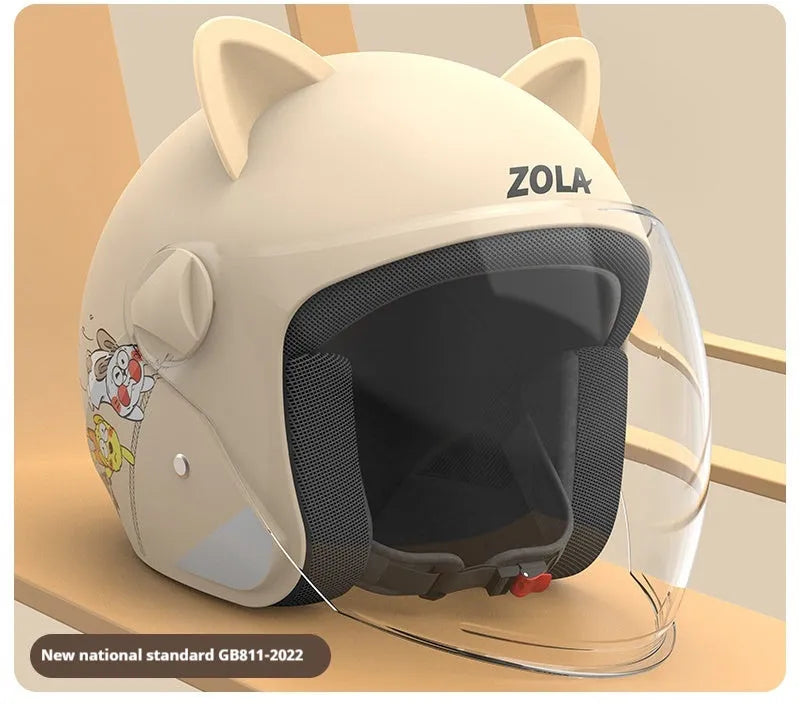 Winter electric bike helmet with attached scarf and ear covers, HD anti-fog visor, in blue colour.