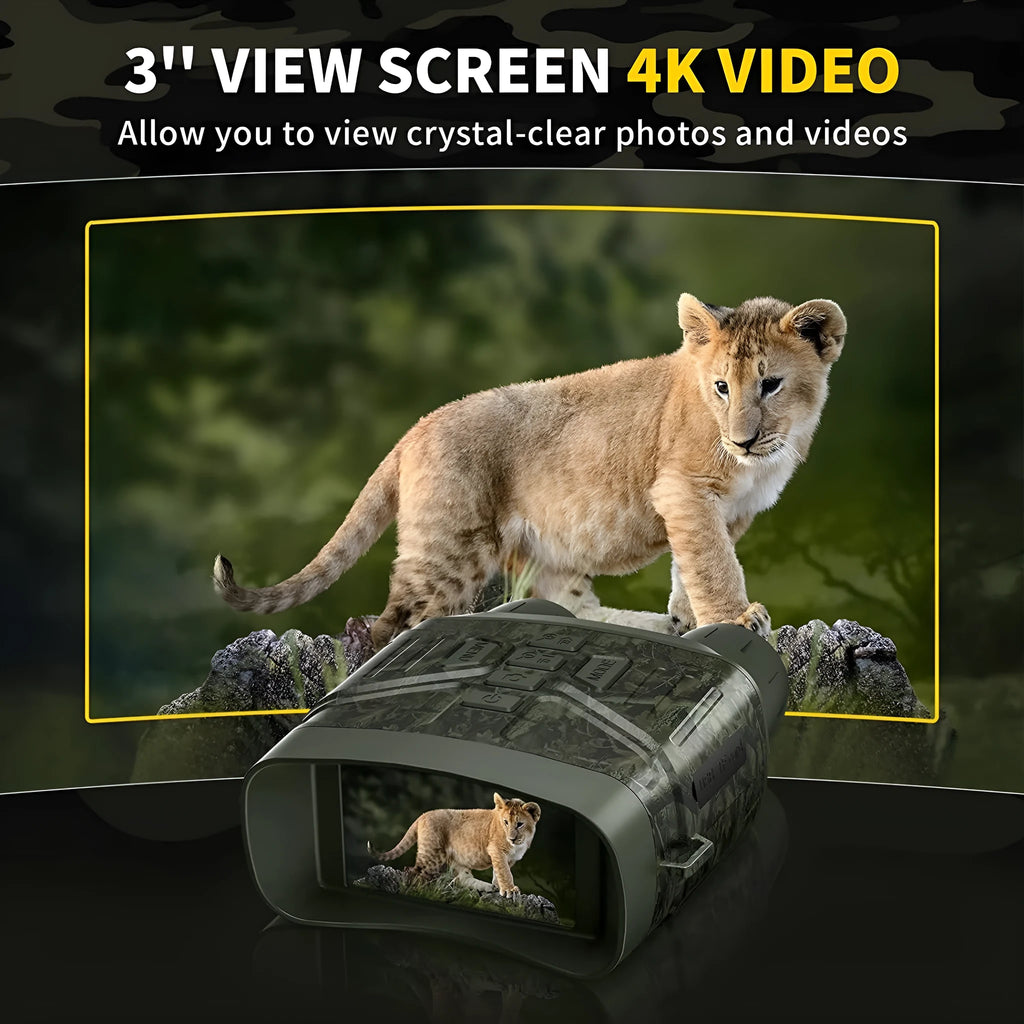Black night vision instrument with display screen showing night-time imagery and control buttons
