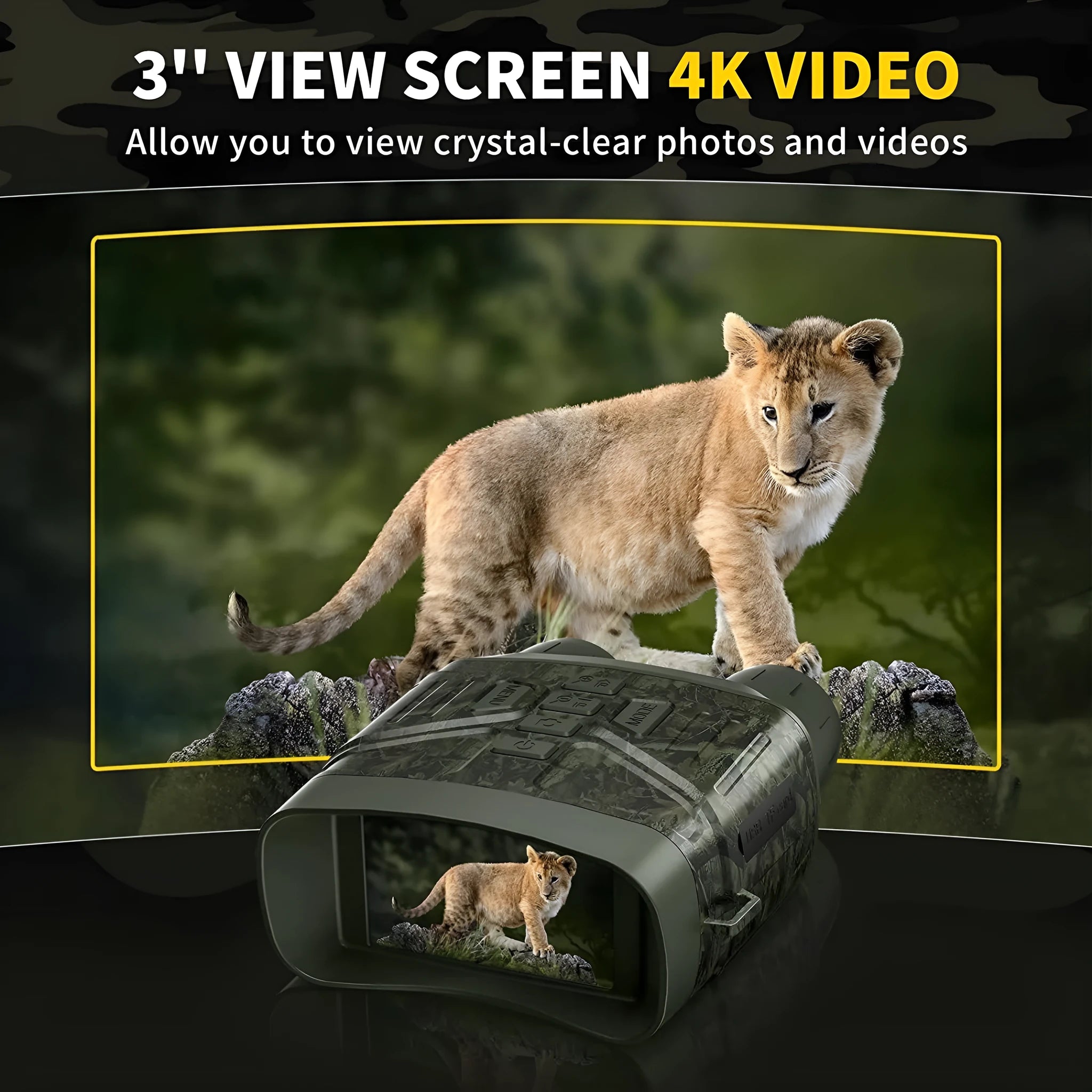 Black night vision instrument with display screen showing night-time imagery and control buttons