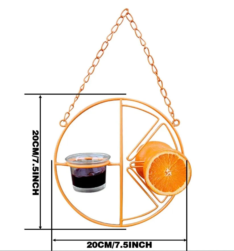 Hanging metal bird feeder in orange colour, iron construction, 20x7x20 cm, with open top hook for outdoor hummingbird feeding