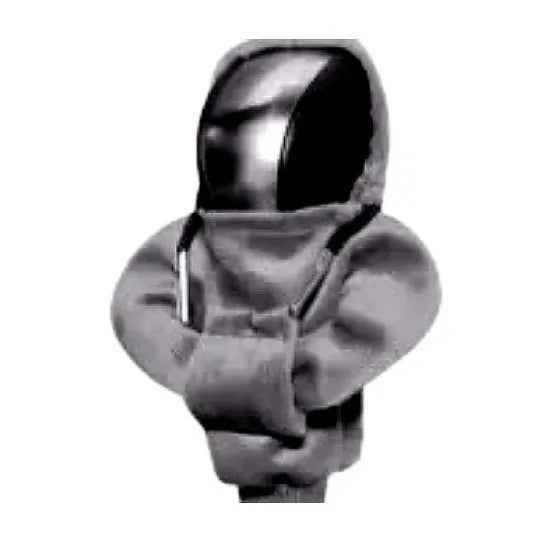 Blue cloth cover fitted over a car gear shift knob showing sewing detail