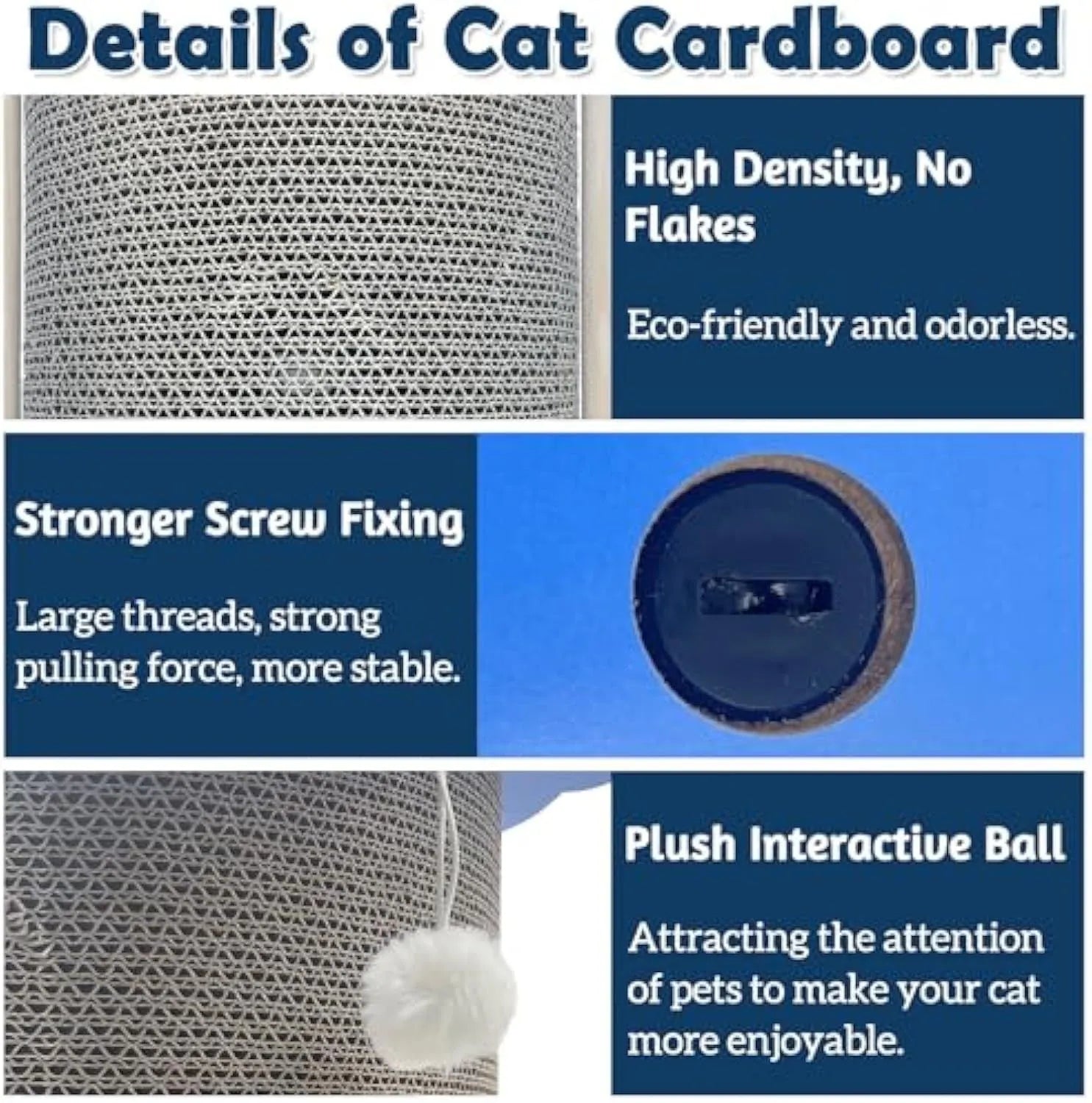 Grey corner-shaped cardboard cat scratching post with a white hanging ball, shown placed in a room corner.