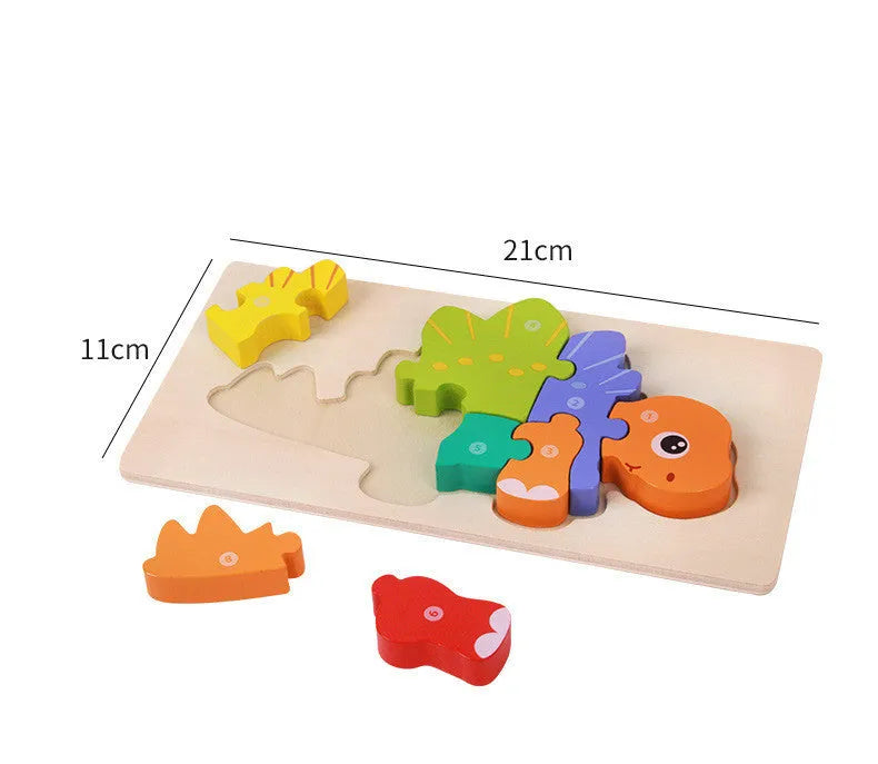Wooden dinosaur 3D puzzle building blocks for children showing six dinosaur models.