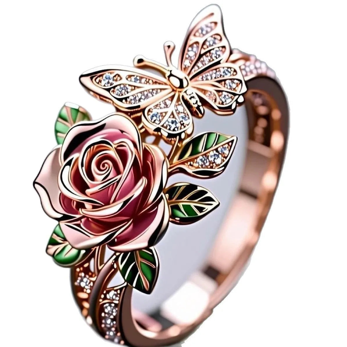 Adjustable butterfly personality ring with colourful oil drip treatment showing floral and insect design
