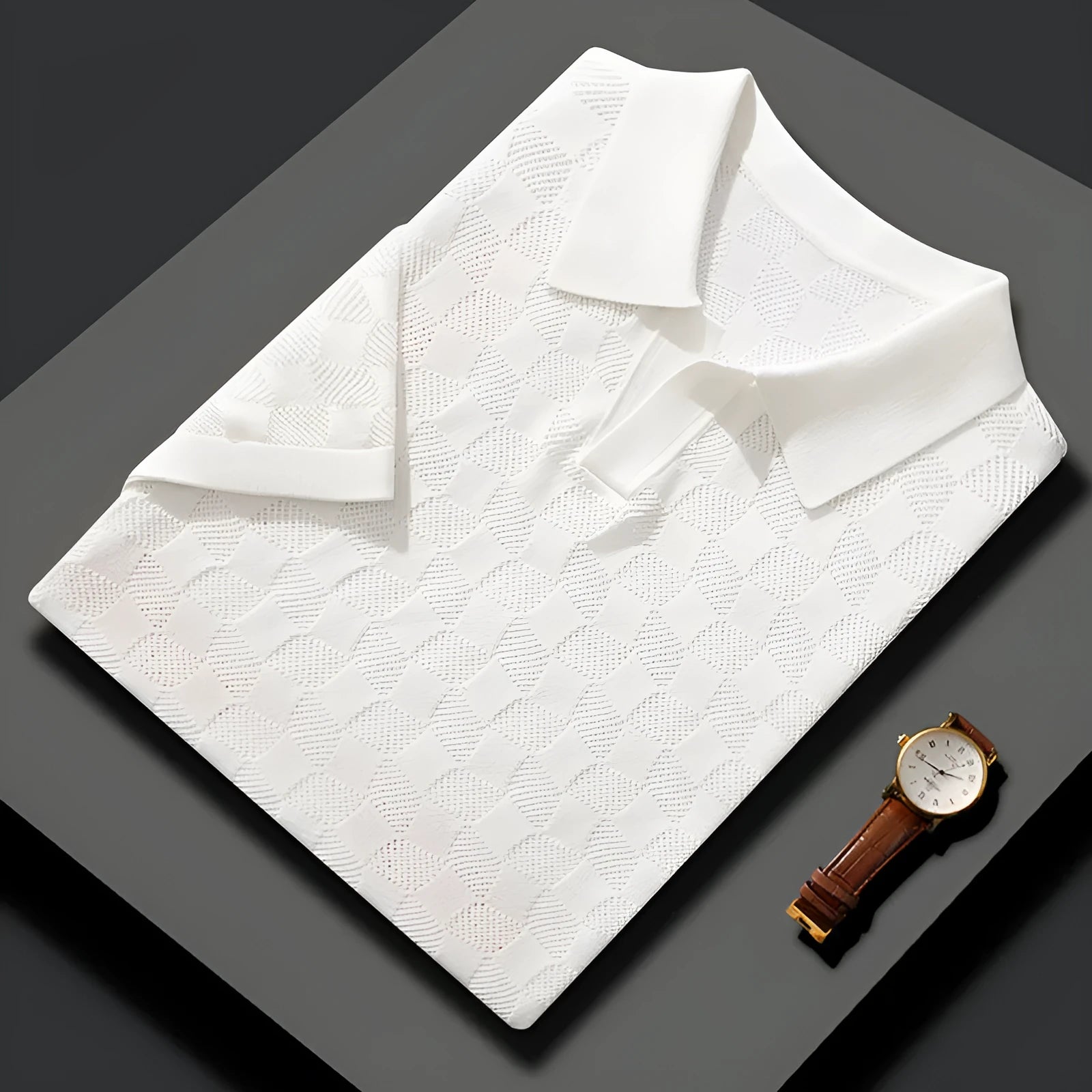 Men's mulberry silk jacquard short sleeve lapel sweater in solid colour for business casual wear