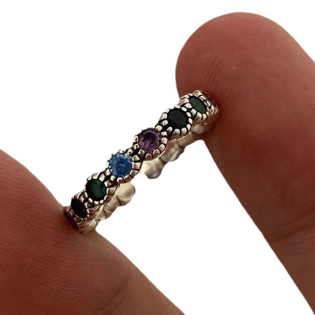 Women's adjustable geometric ring with colourful zircon in retro silver finish
