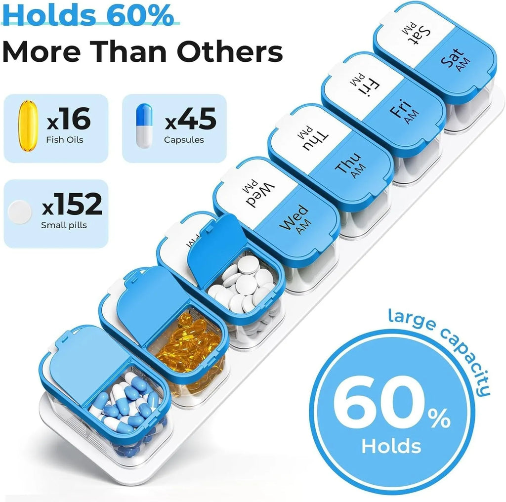 Large white plastic pill organiser with 14 removable compartments lined up next to the main case.