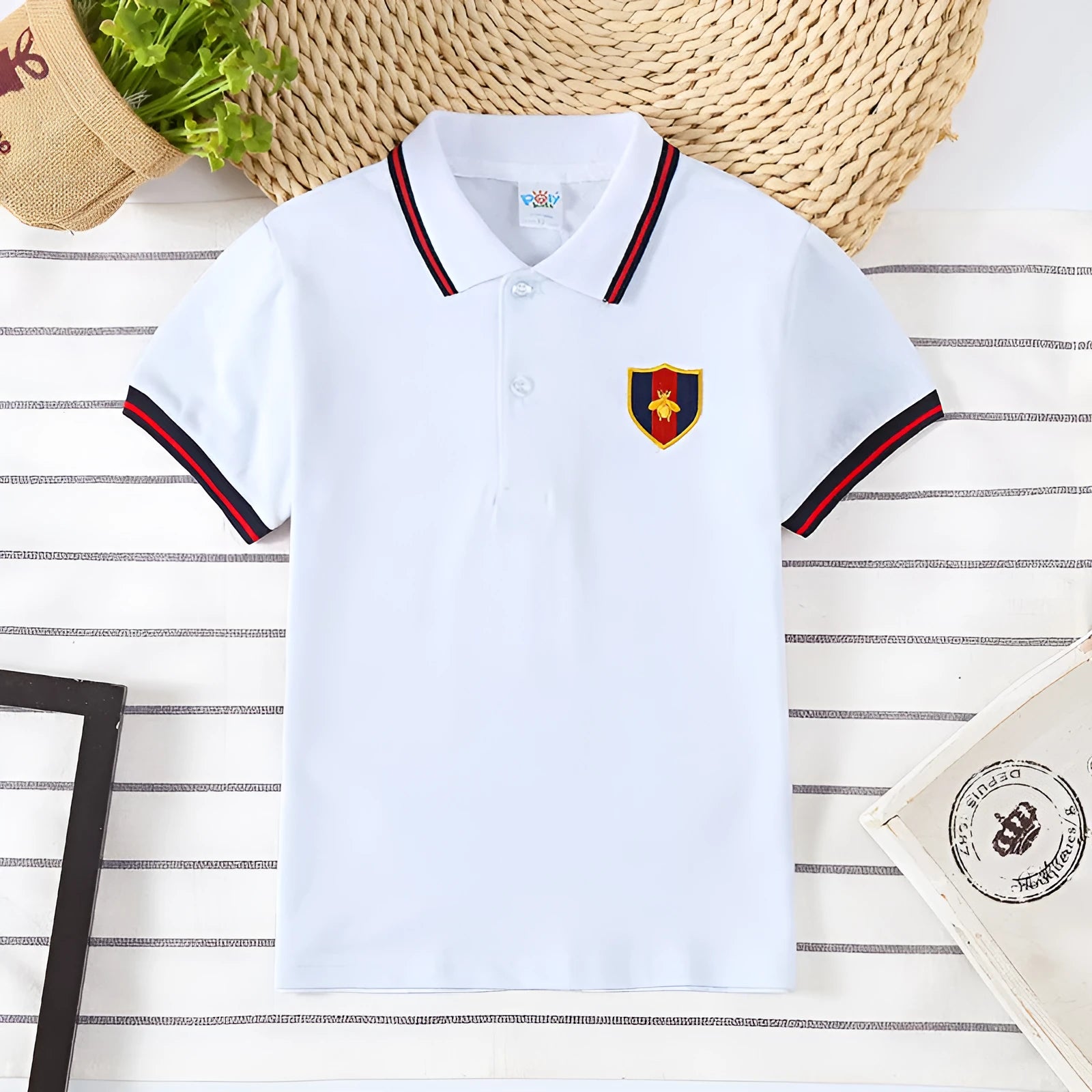 Boys short sleeve cotton t-shirt in Korean style with lapel collar, available in four solid colours