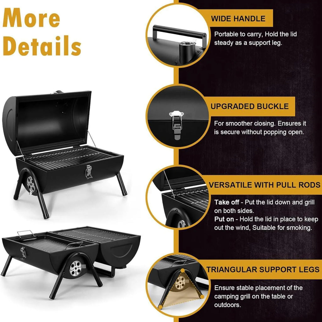 Small folding desktop charcoal barbecue grill shown in use on a table.