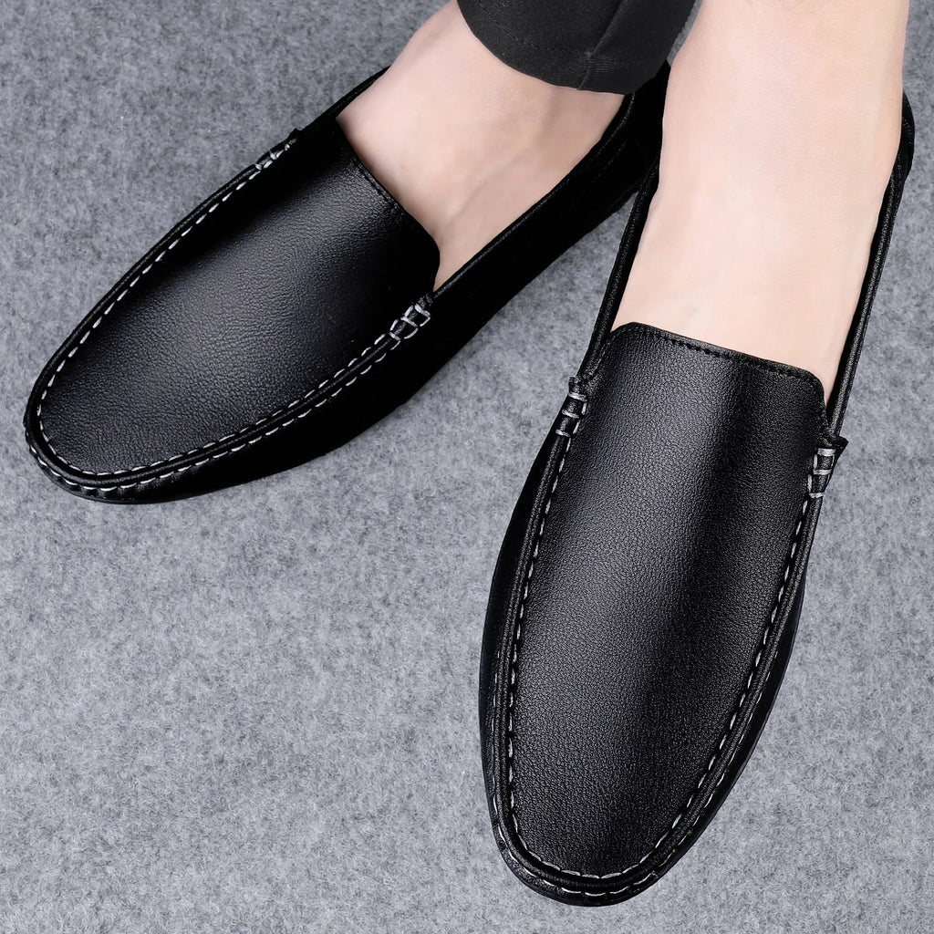 Men's white casual loafers low-top soft bottom flat heel stitched rubber sole side view