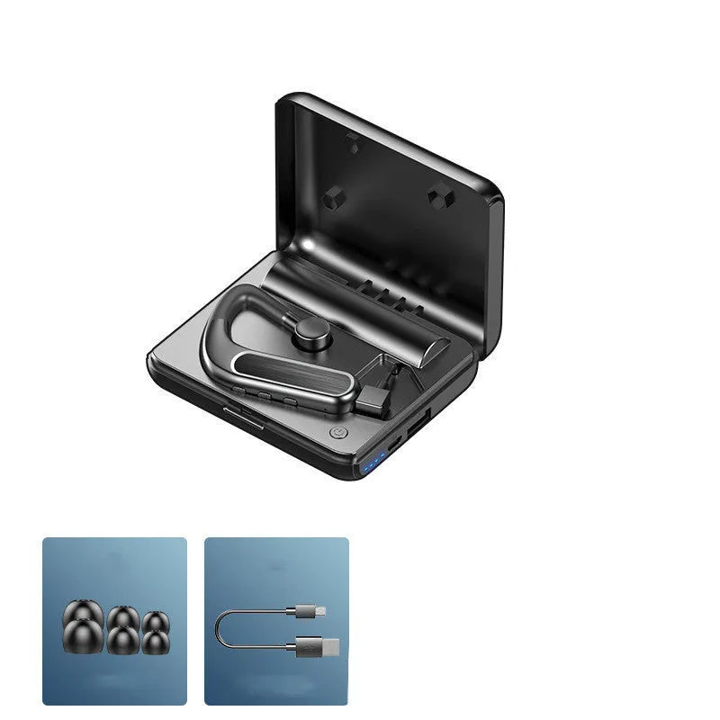 Black Bluetooth earphones with hanging ear design shown with three pairs of silicone ear caps and charging cable