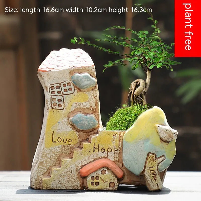 Hand-painted ceramic combination flower pot with 20cm diameter in cute pastoral design