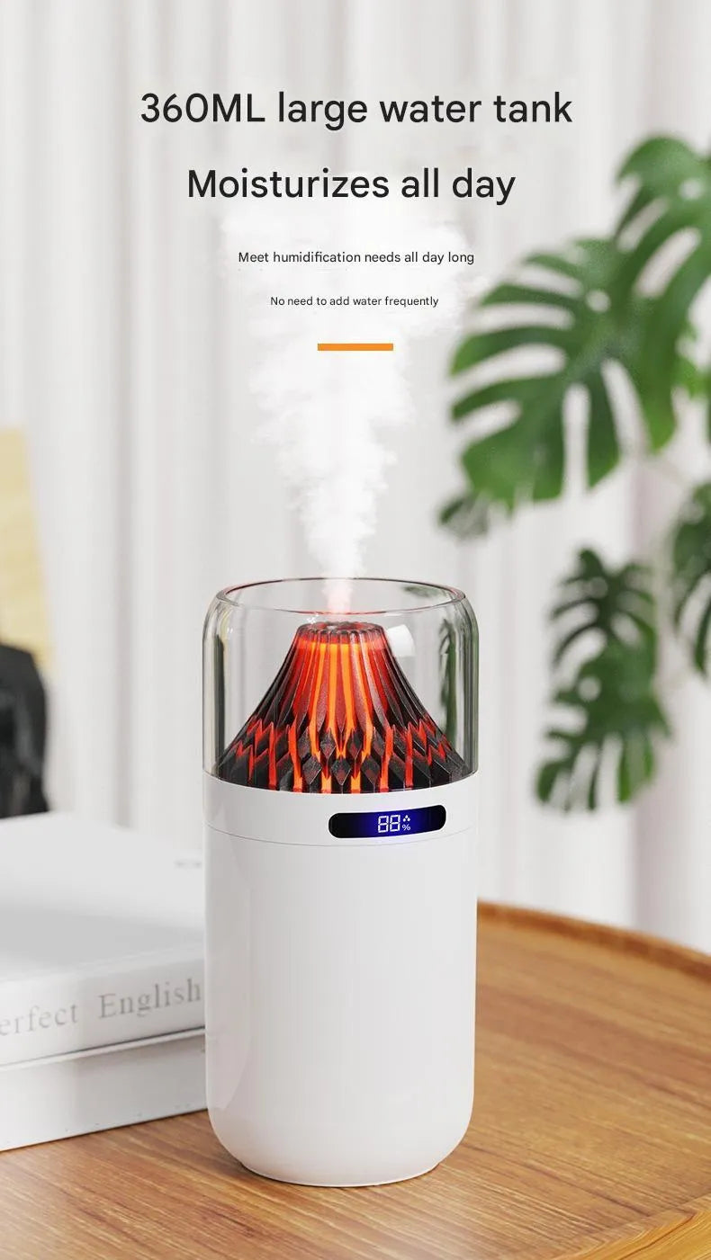 Volcano compact battery-powered USB humidifier in black with digital display on a desk