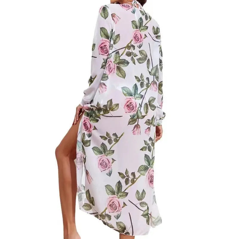 White printed three-piece bikini swimsuit with beach blouse, showing bra, shorts, and cover-up components