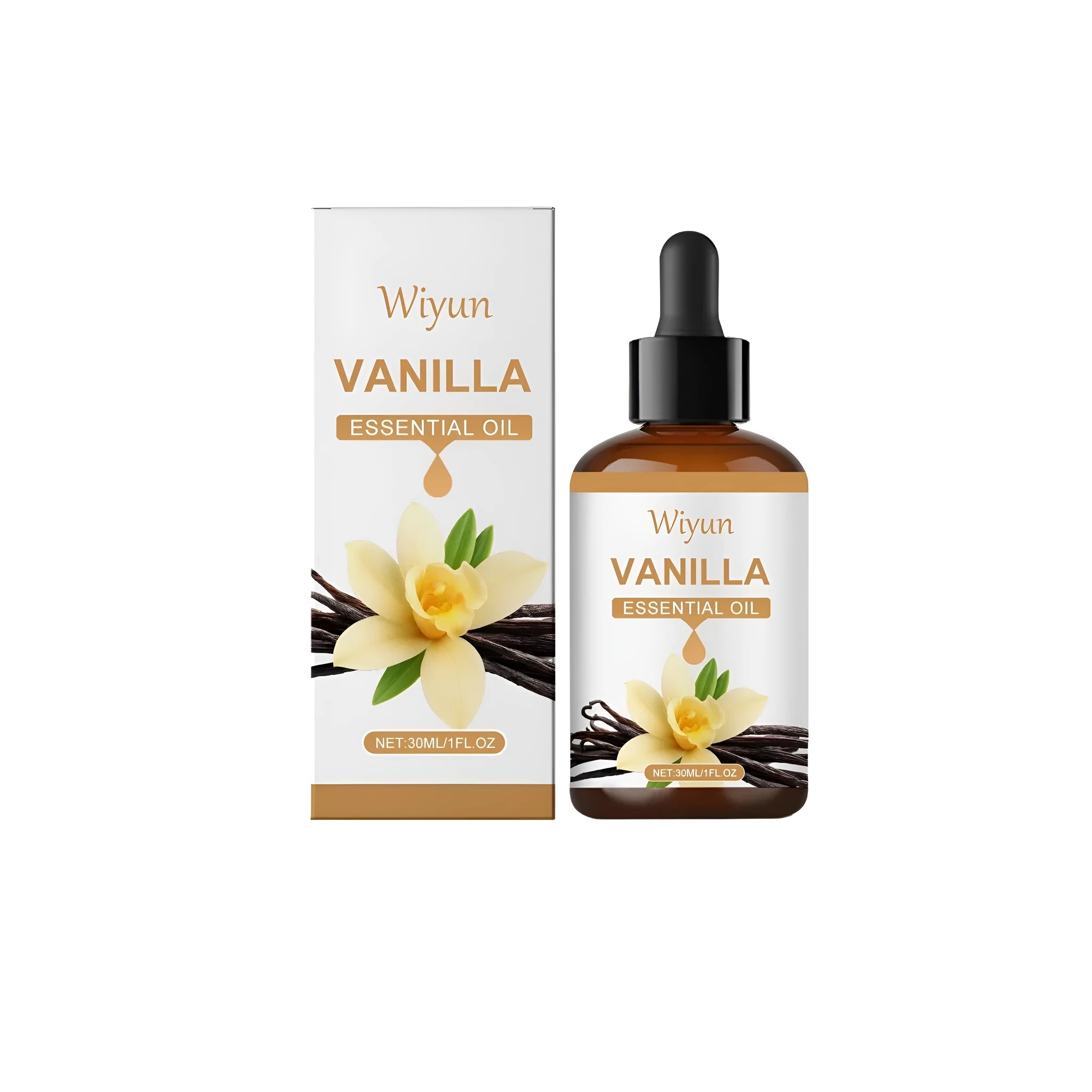 30ml glass bottle of vanilla flavoured essential oil for crafting and aromatherapy.