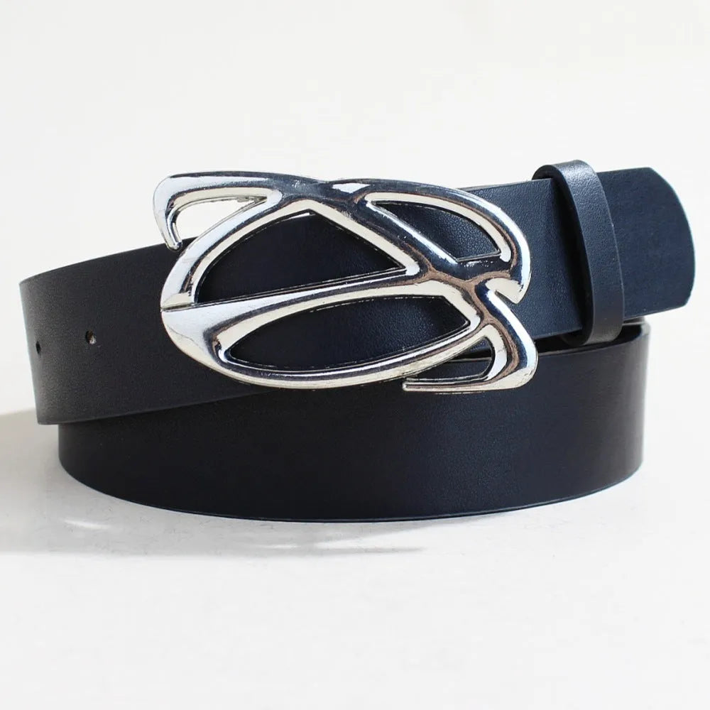 Casual PU leather belt with silver alloy buckle and snap button closure in 105cm length
